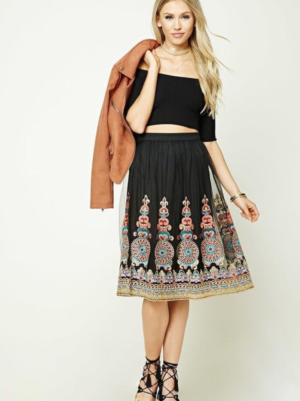 Forever 21 Black Mesh Ornate Embroidered Tulle Skirt Small S
